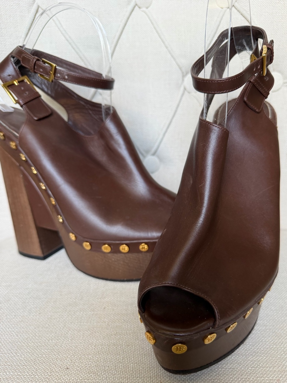 TOM FORD Brown Leather Peep-Toe chunky clog